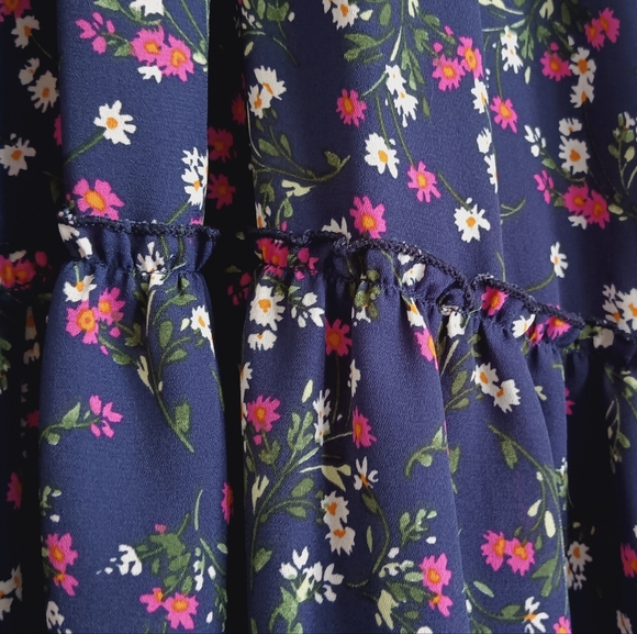 Altar'd State Navy Floral Mini Dress Cute Vneck Raw Hem Tiered Tea Garden Party - Picture 7 of 11